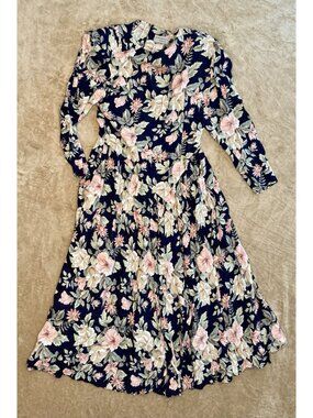 Vintage 80s 90s ED Michaels Floral Cottagecore Midi Dress Pockets Mom Housewife